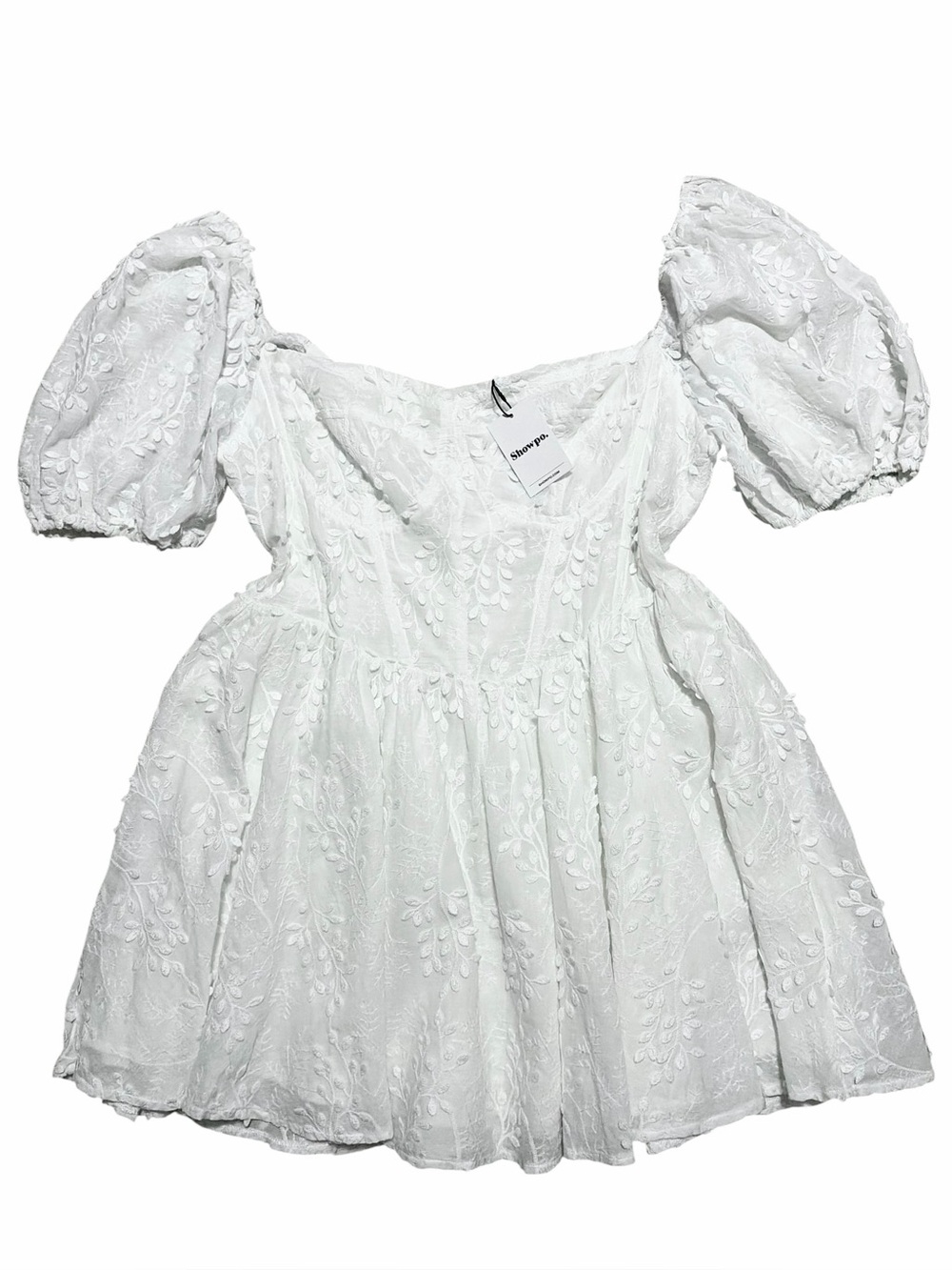 SHOWPO. NWT White Embroidered Puff Sleeve Corset Esthela Mini Dress - Picture 4 of 14